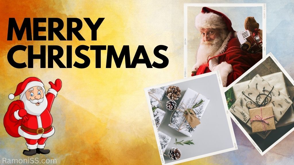 Merry christmas is written using stylish fonts in black on a colorful background, and the photo is framed with photos of santa claus and gifts.