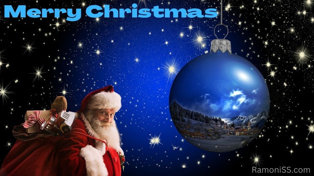 Merry christmas written using light blue stylish on blue, black, and twinkling stars background. The photo also shows santa and a blue christmas ball hanging, a christmas gift bag hanging on santa's shoulder.