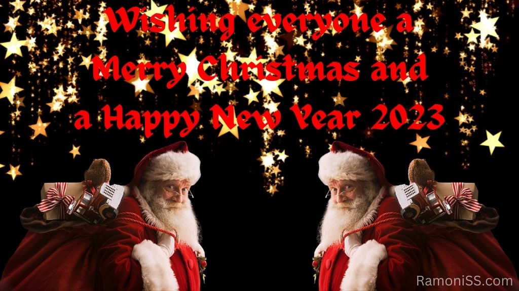 The words "wishing everyone a merry christmas and a happy new year 2023" are written in stylish red colored fonts on a black and twinkling stars background. The image also features two santa clauses with bags of christmas gifts slung over their shoulders.