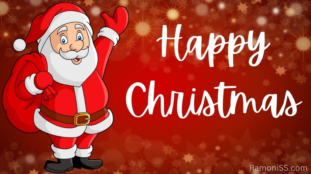 On a background of red color and twinkling stars, santa claus wearing red clothes, and carrying a gift bag on the right shoulder, with the left hand raised and happy christmas written using white colored font.