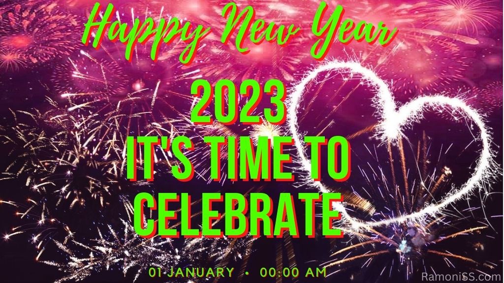 Happy new year 2023 heart shaped colorful fireworks and first january.