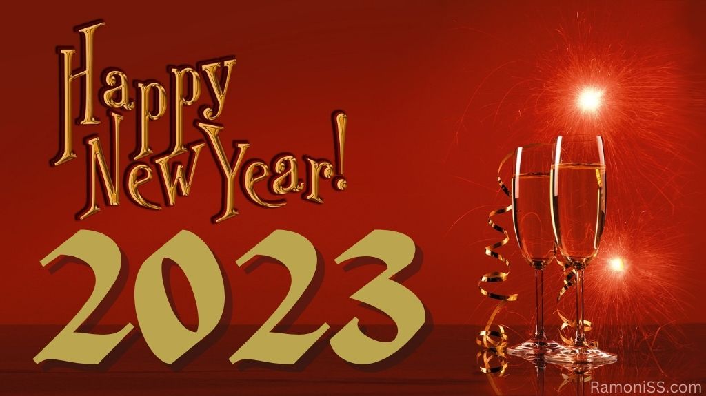 Happy new year 2023 red background with two champagne glasses full and bright colorful fireworks
