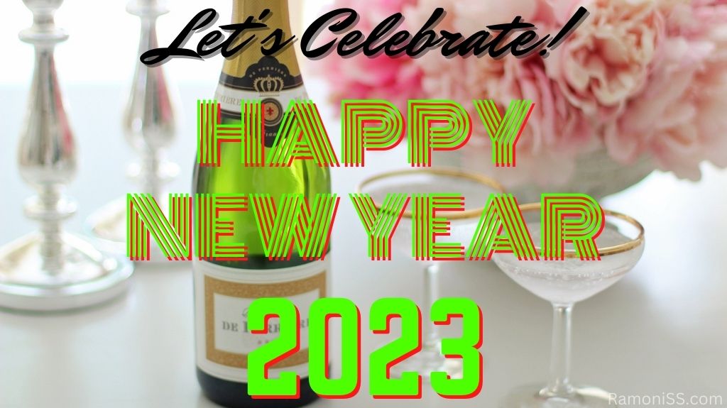 Happy new year 2023 with bouquet, champagne bottle and two glass on white table.
