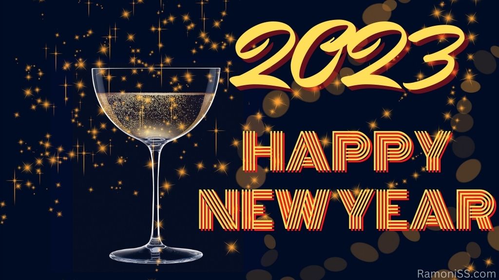 Happy new year 2023 with red and yellow color font, 1 champagne cup on dark blue background and yellow bright colorful stars.