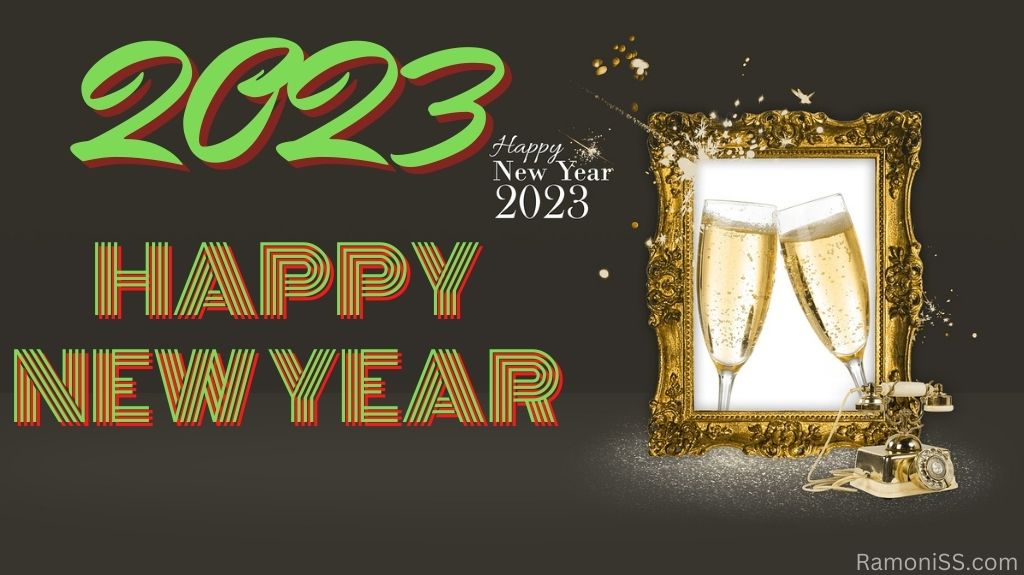 Happy new year 2023 with using green font, 2 champagne cup in the photo frame and yellow color telephone, and yellow bright colorful fireworks.