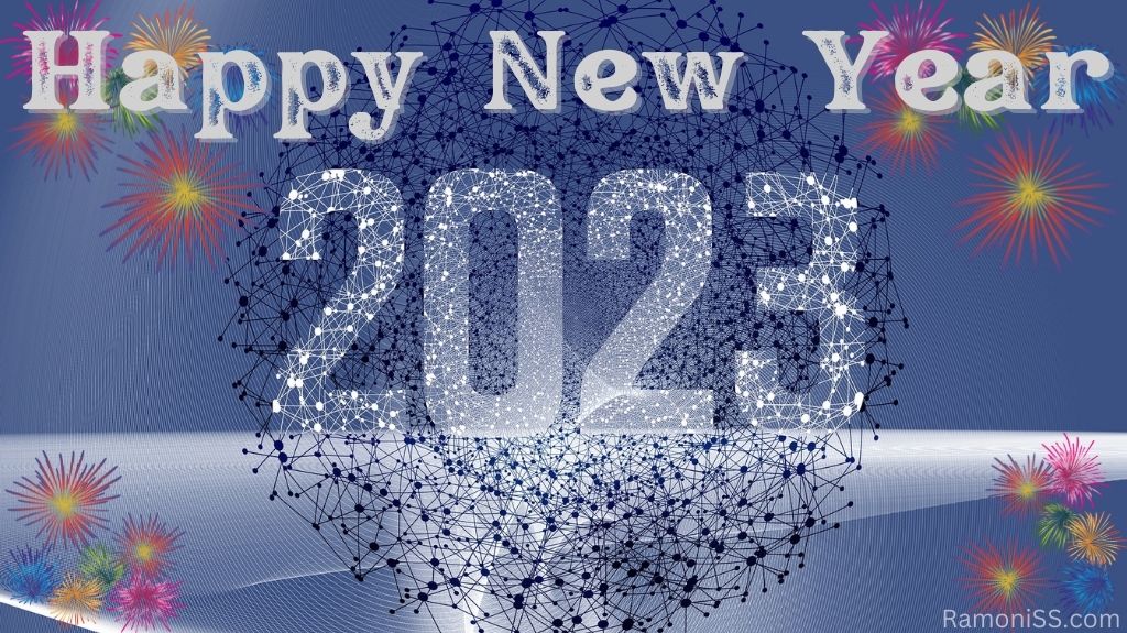 Happy new year 2023 with white font, colorful background and yellow bright colorful fireworks.