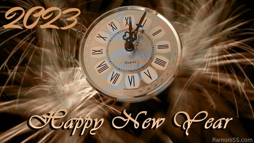 Happy new year 2023, yellow fireworks background, clock 1205 midnight time