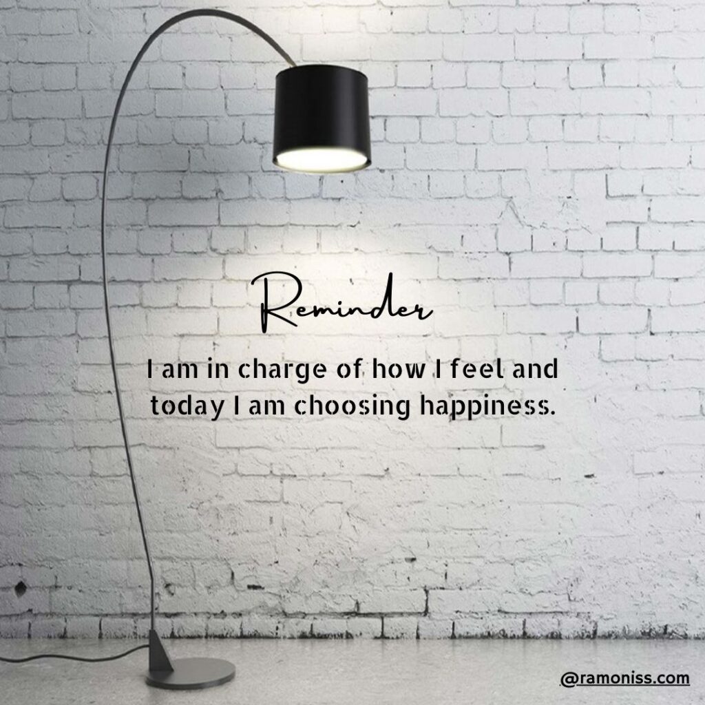 In the image is a study lamp placed on the floor in the room, and inspirational thought is written remember i am in charge of how i feel, and today i am choosing happiness