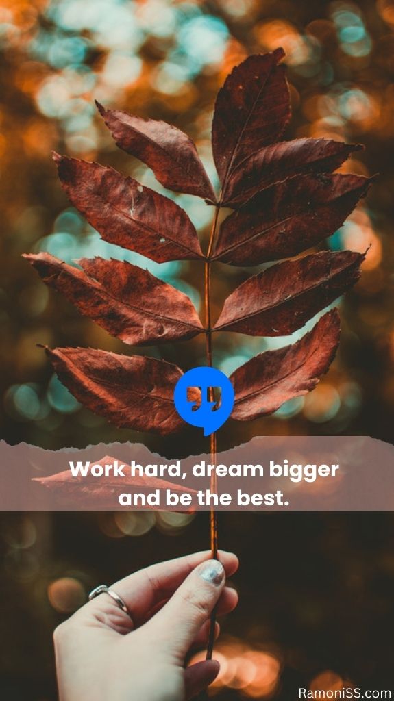 Leaf in the hand, work hard and dream bigger motivation image.