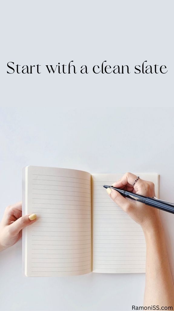 Start with a clean slate. Notebook and pen in hands in the motivation image.