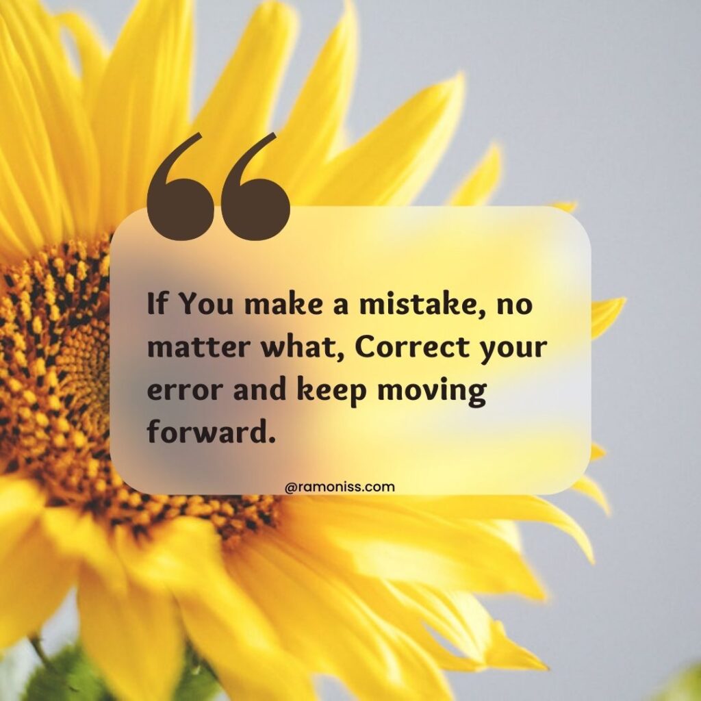 Image has a sunflower background and stylish font text that says if you make a mistake, no matter what, correct your error and keep moving forward.