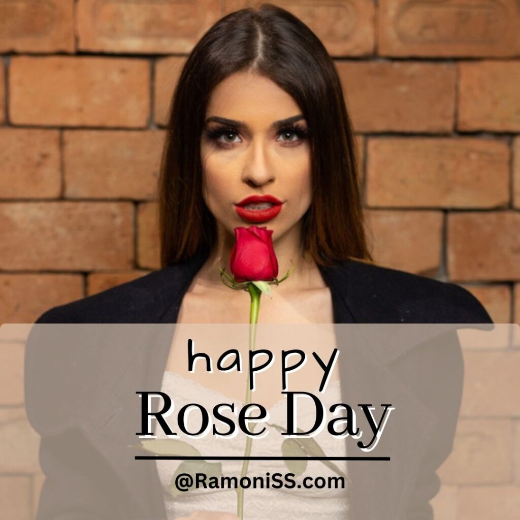 A girl is holding the red rose, happy rose day image.