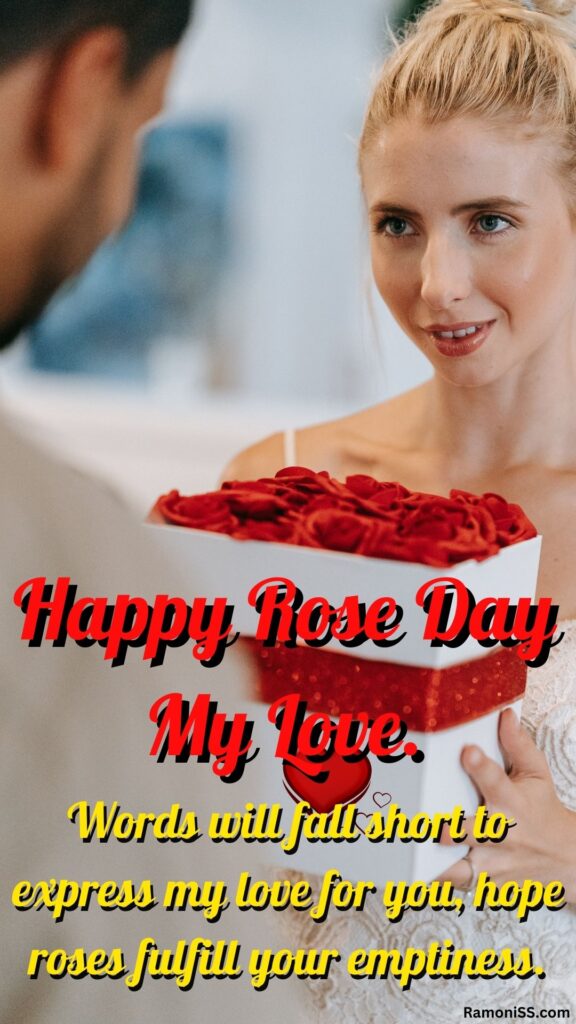 Girlfriend is smiling in front of the boyfriend, the boyfriend is giving roses to the girlfriend and wishing her a happy rose day.