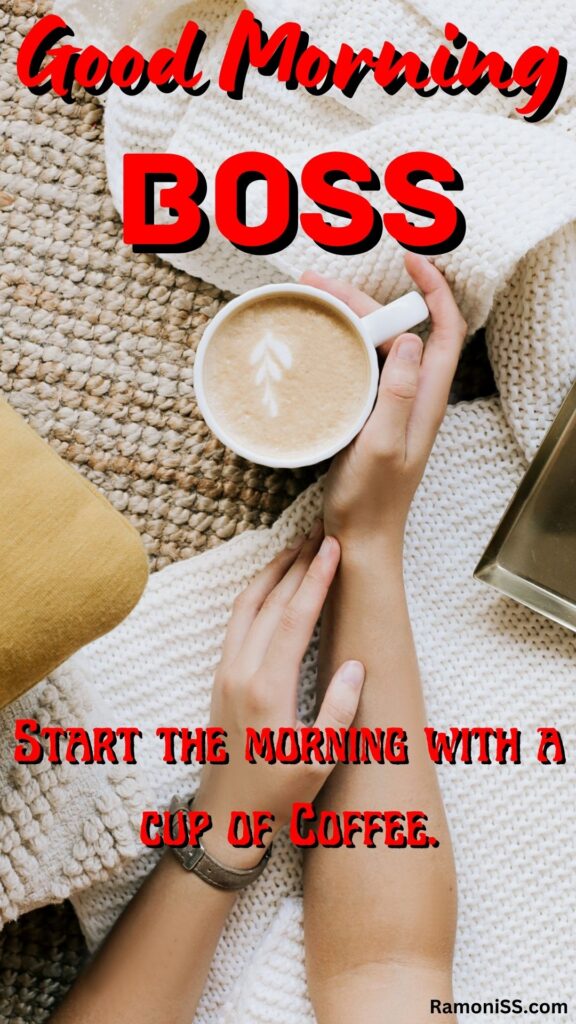 Good morning boss is written in the image and in the background image a cup of coffee holding in the hand.