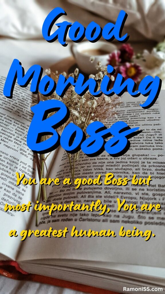 Good morning boss is written in the image and in the background image flowers, a book, cup of tea are placed on the white bed.