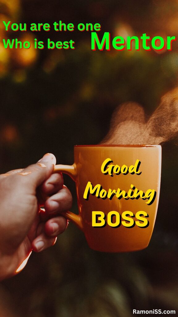 Good morning boss is written in the image and in the background image hand is holding a cup of tea.