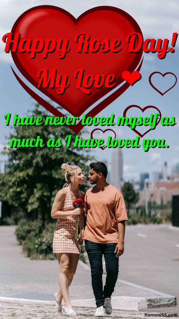 The boyfriend has given roses to the girlfriend and wished her rose day, and both are romancing while walking on the street, and a beautiful wish is also written in the photo.