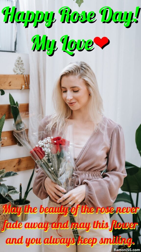 In the image, a beautiful girl is standing holding roses and smiling at the rose.
