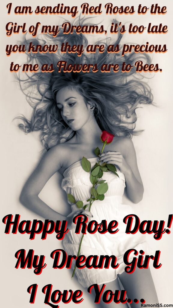 A girl lying on a white bed with a rose in her hand, and happy rose day and a beautiful wish are also written in the photo.