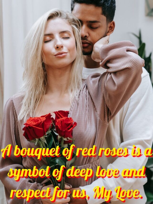 In the photo, a beautiful white-haired girl is wearing a hot dress and her boyfriend is standing behind her hugging her, one hand of the girl is placed on her boyfriend's cheek and the other hand is holding a bouquet of roses.