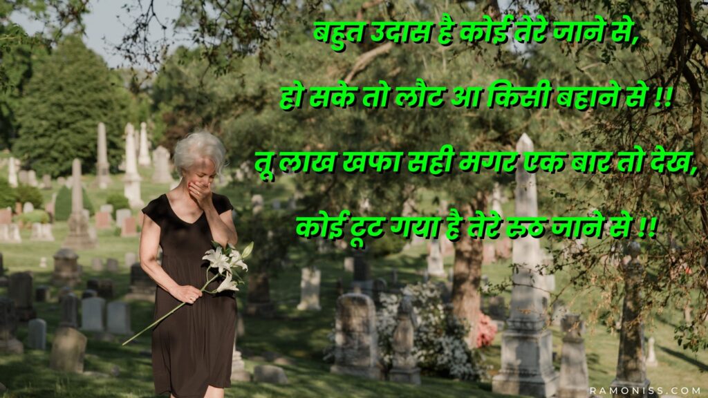 In the background of the photo, an old woman is crying hard in the cemetery, who also has a flower in her hand and is very sad, a sad shayari is also written in the photo.