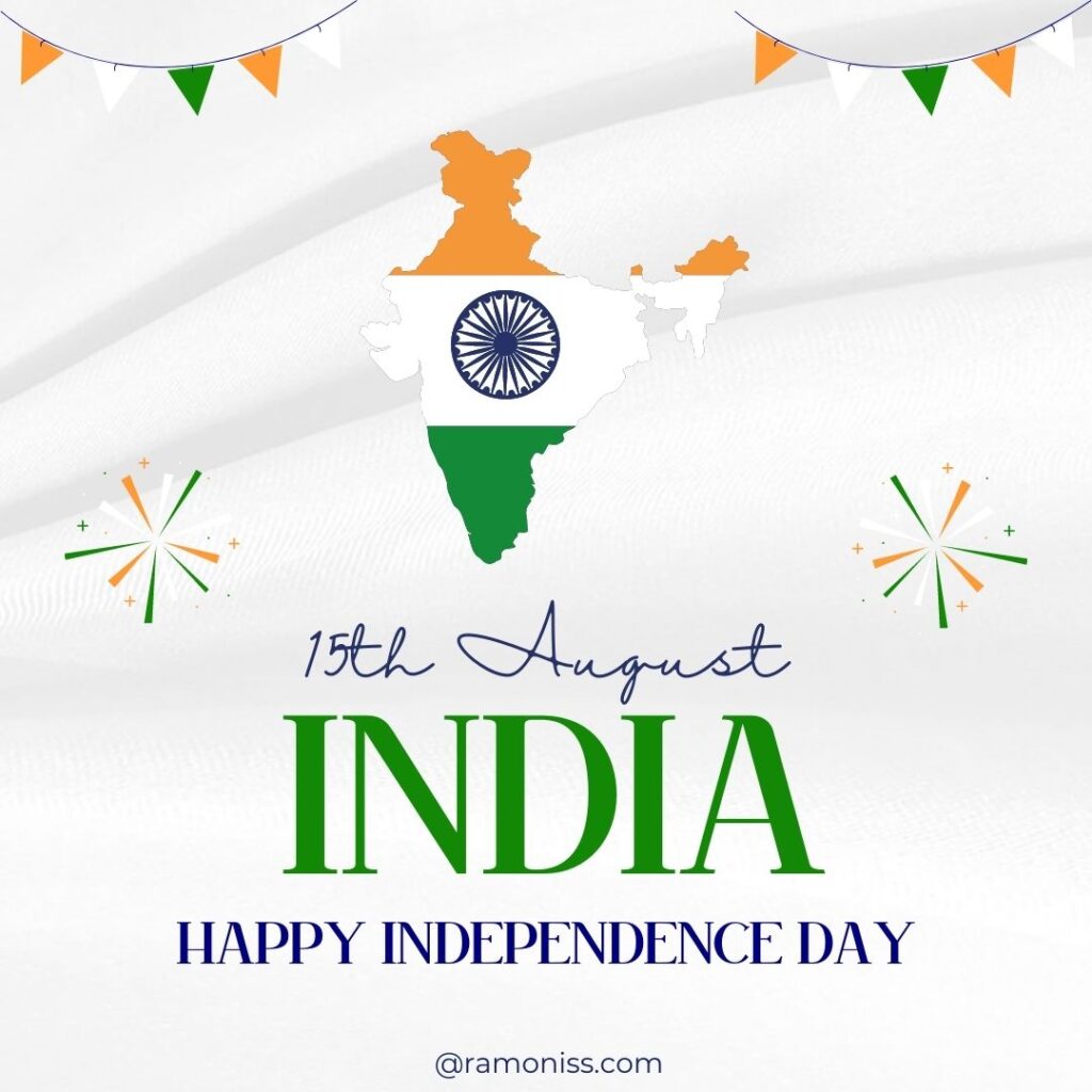 15 august india happy independence day picture, the picture also has indian flag color-designed india map and ashoka chakra.