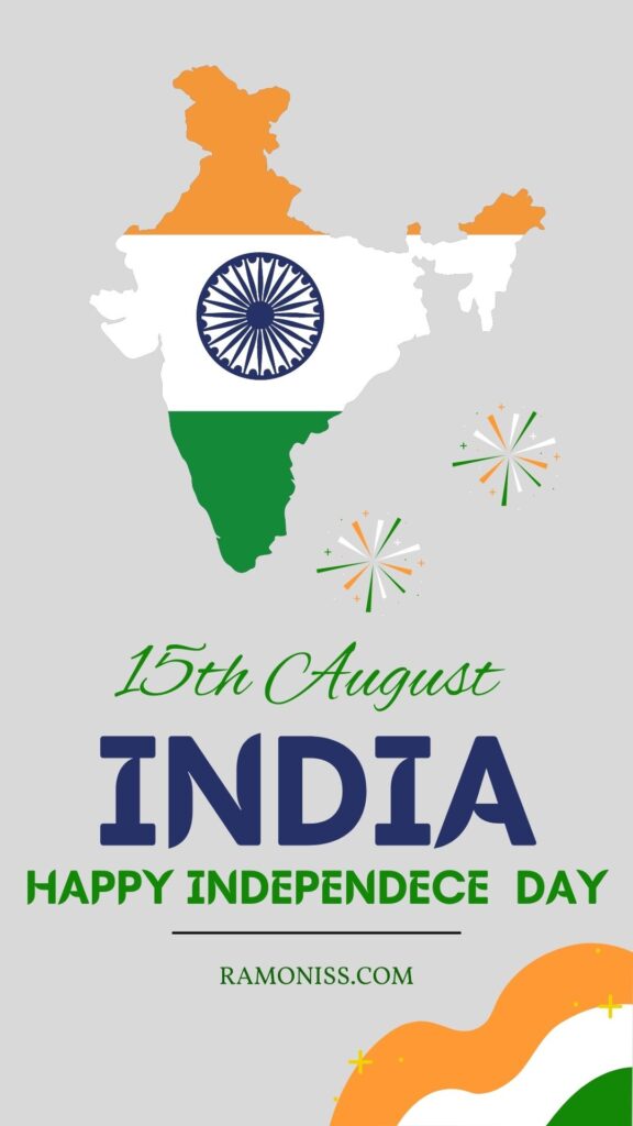 15 august india happy independence day picture, the picture also has indian flog color-designed india map, indian color flag color decoration and ashoka chakra.