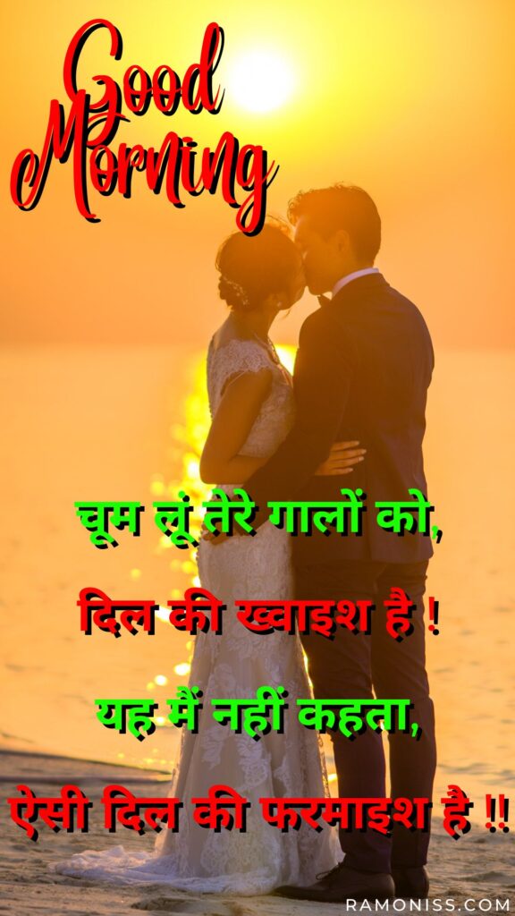 In this romantic good morning image for girlfriend, girlfriend and boyfriend are french kissing each other while hugging each other in front of the rising sun on a beach in the early morning, and a beautiful shayari is also written on the image.