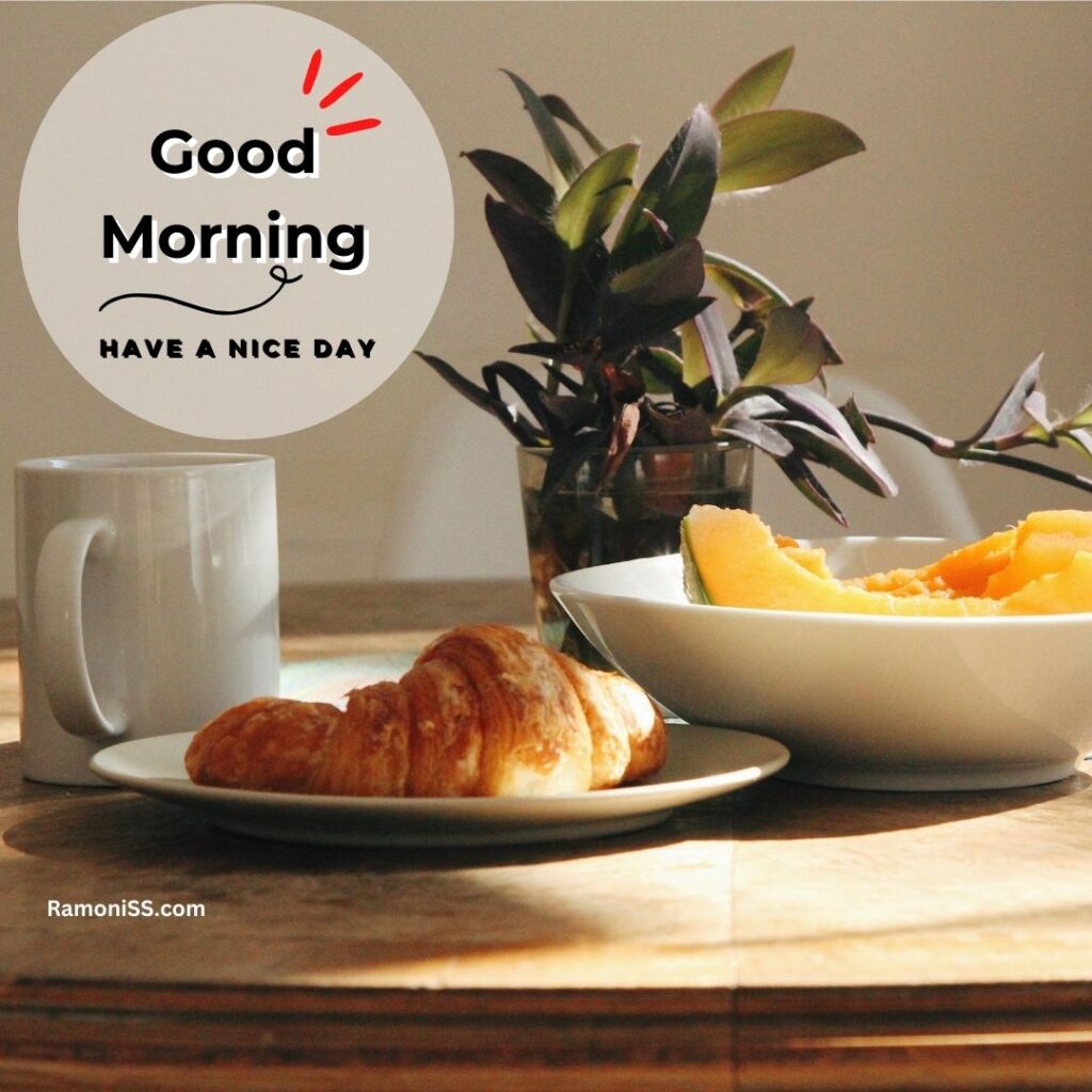 Morning breakfast, flower pot and melon on the table good morning whatsapp status