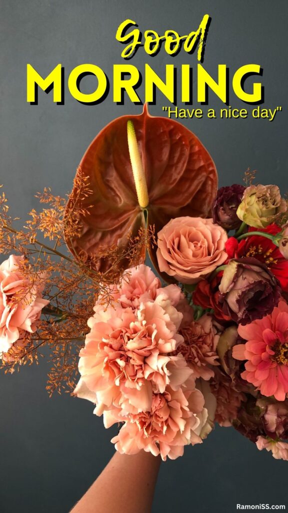 Many flowers bouquet in the hand good morning whatsapp status image