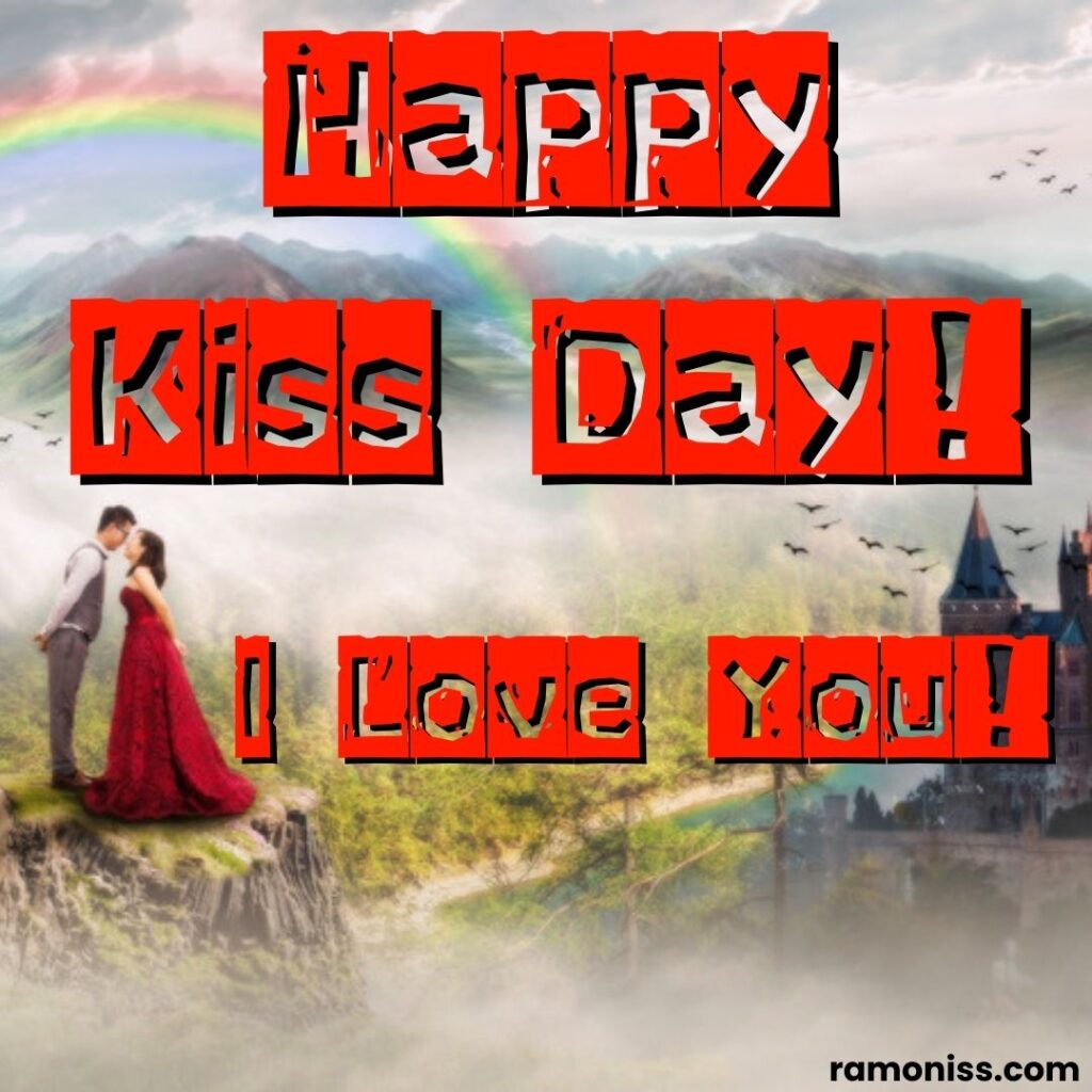 Girl in red gown and boy in black coat pant are kissing each other on the hill valentine's couple kiss day images