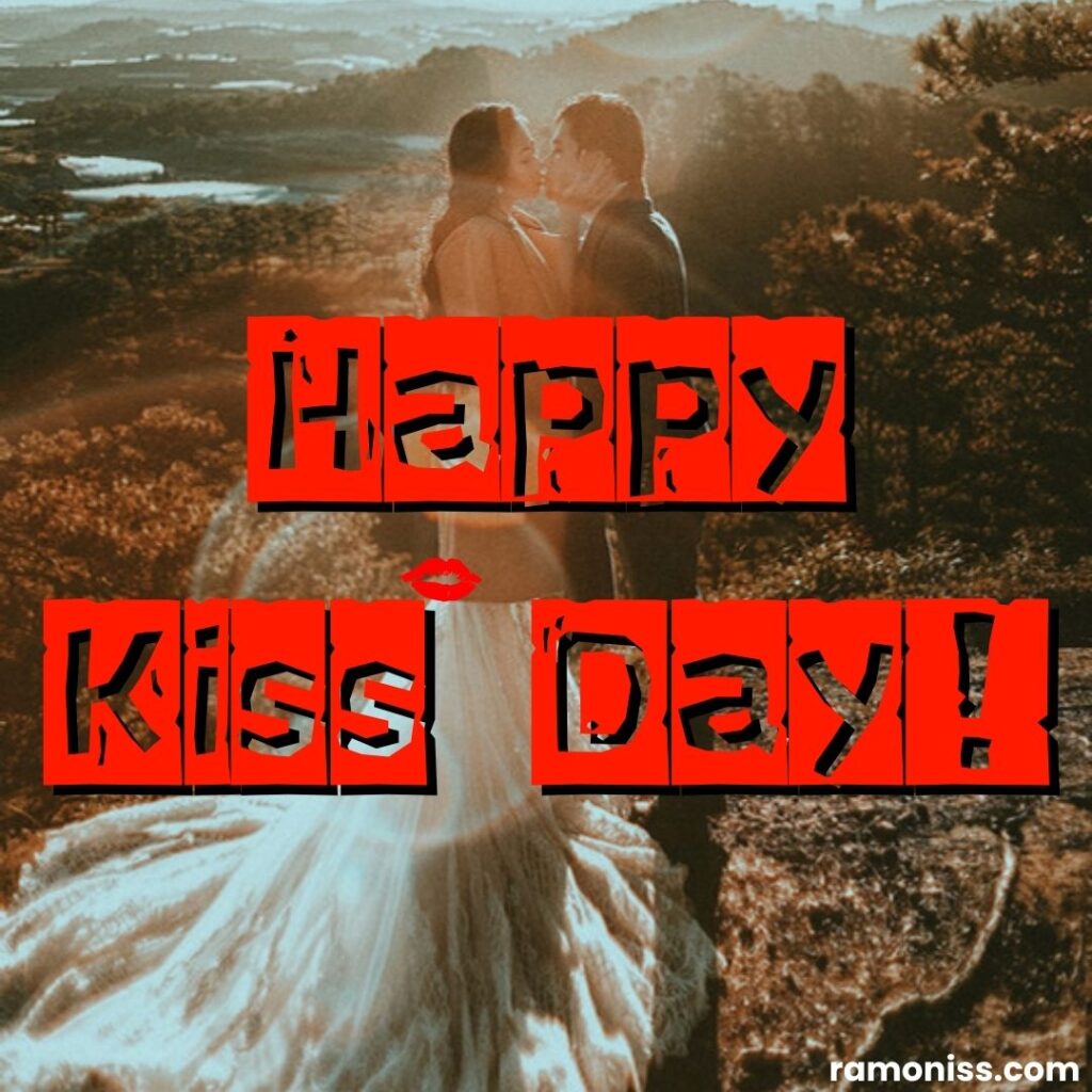 Girl in white gown and boy in black coat pant are kissing each other on the hill valentine's couple kiss day images