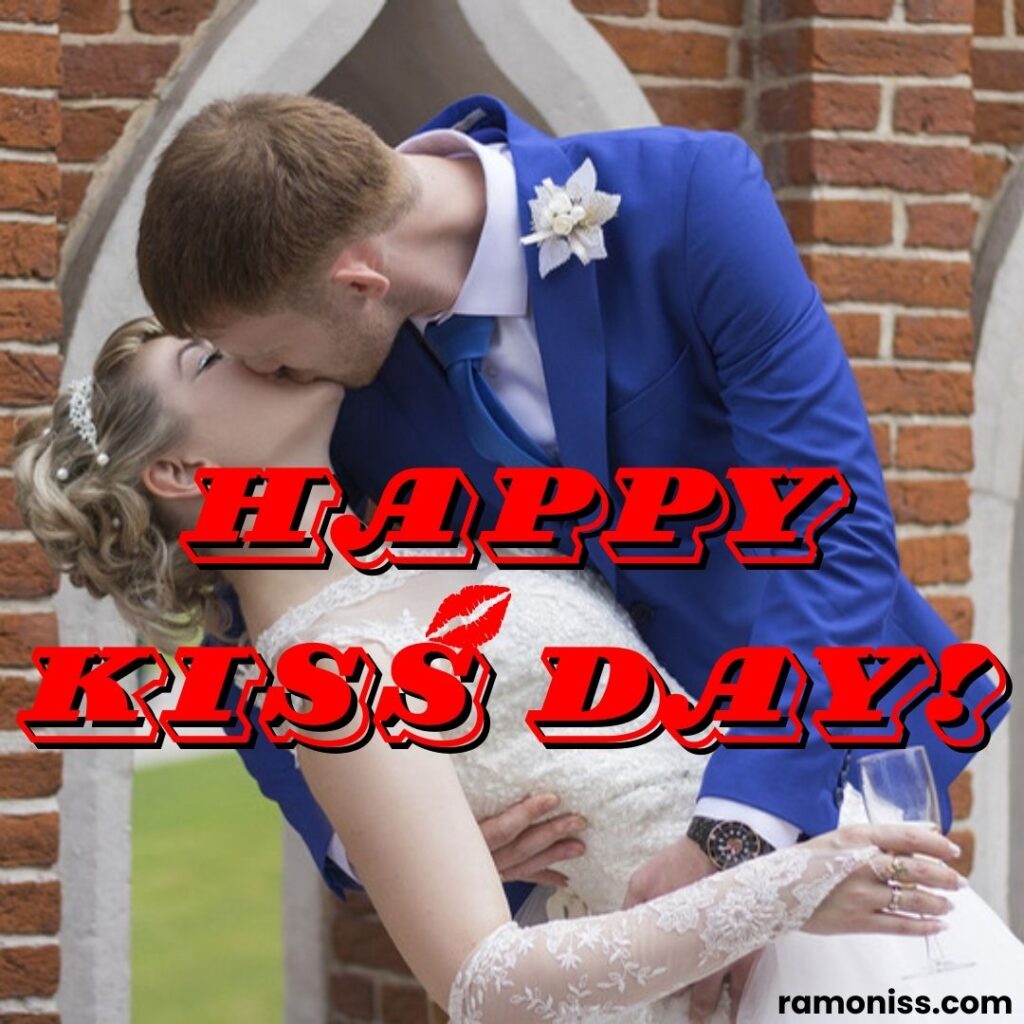 Girl in white gown and boy in blue coat are kissing each other valentine's couple kiss day images