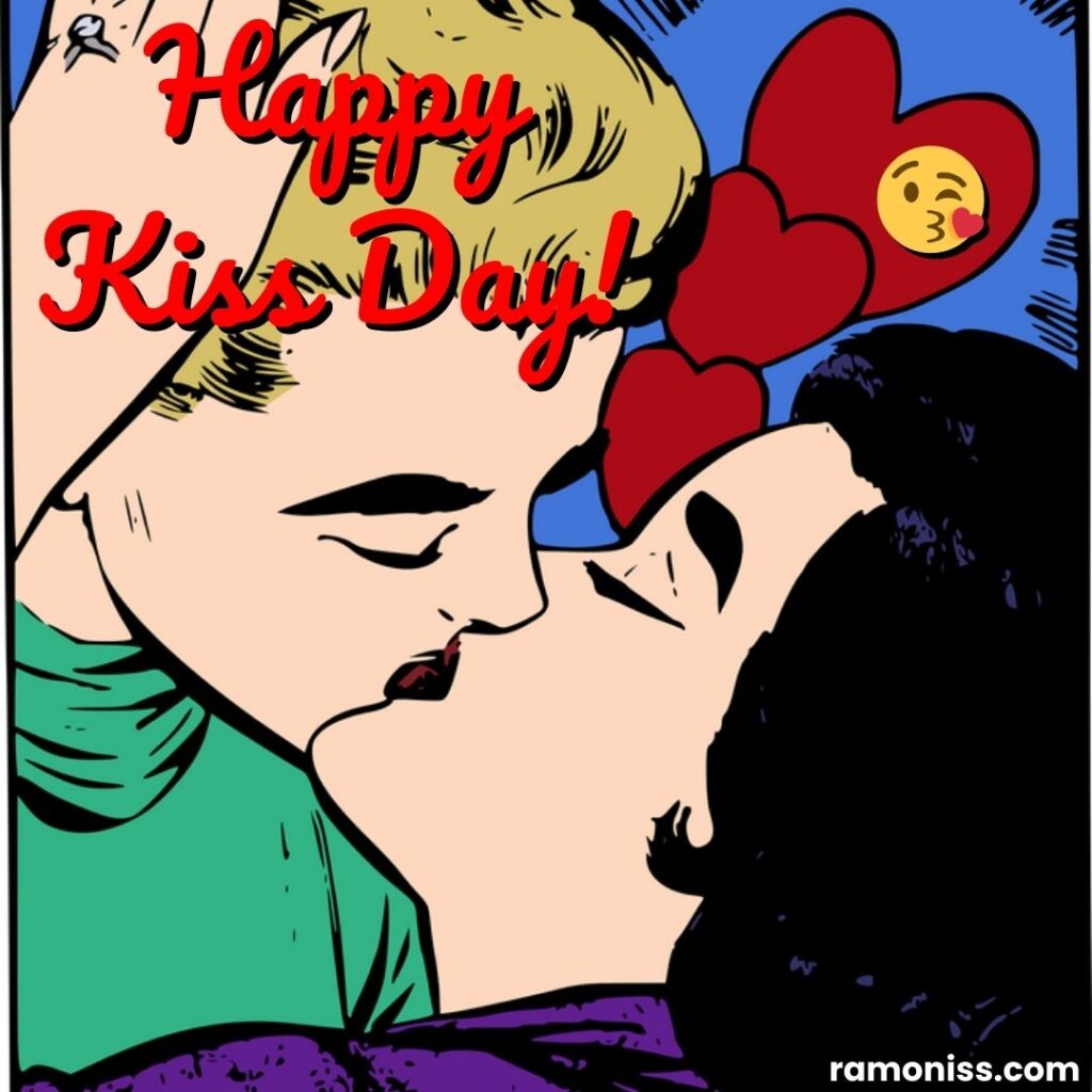 Cartoon image of love couple kissing each other happy kiss day images