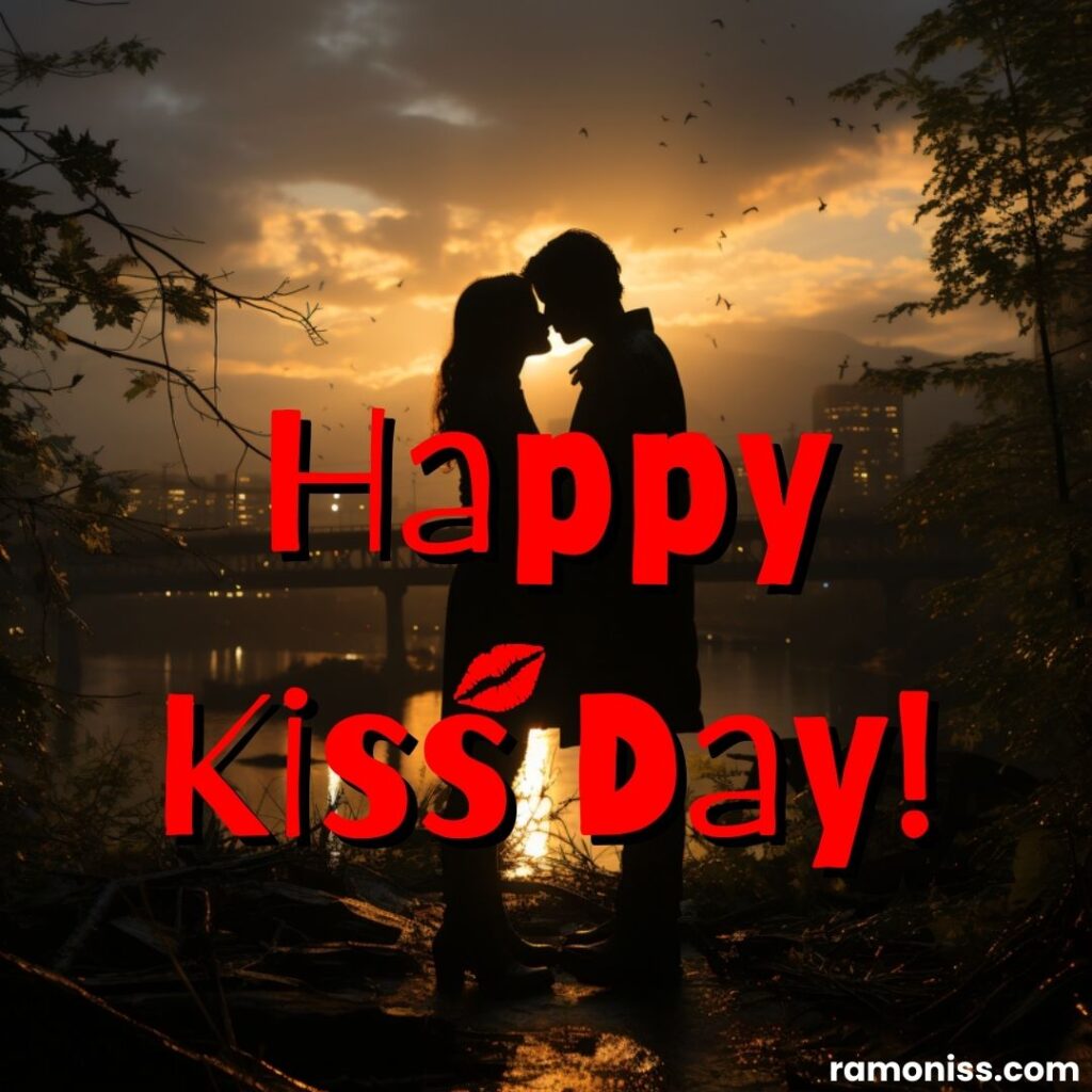 Couple kissing each other on the riverbank valentine's kiss day images
