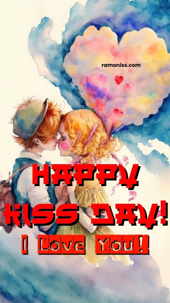 Cute couple and heart-shaped clouds in the sky colorful painting happy kiss day images