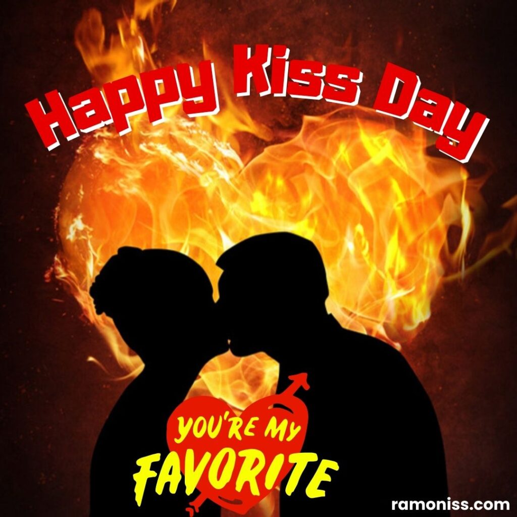 Fire shape heart background and love couple kissing each other on the front valentine's happy kiss day images