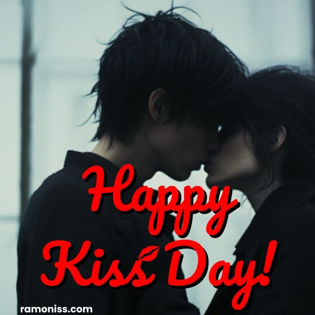 Girlfriend and boyfriend both in black shirt and kissing each other happy kiss day image