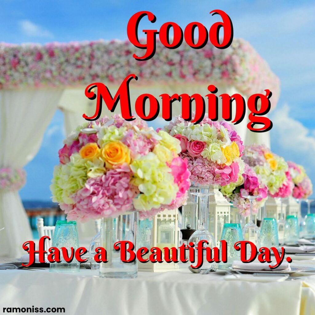 Pink petaled and yellow flowers on the table near ocean under blue sky during daytime good morning flowers images.