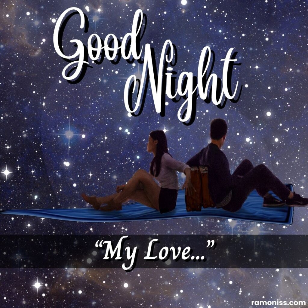 Ai generated loving couple of girl and boy sitting on the magical mat looking at the moon good night love photo.