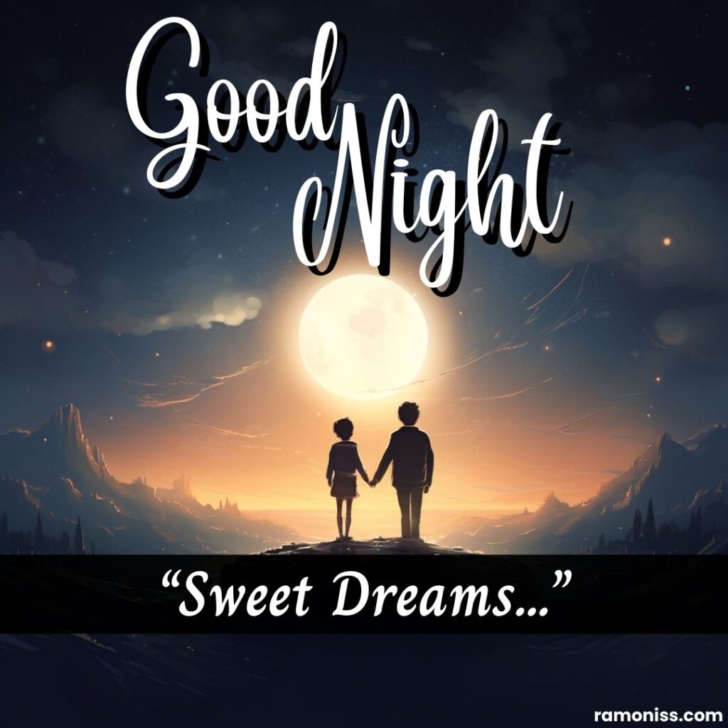 Ai generated loving couple of girl and boy standing on the rock looking at the moon good night love pic.