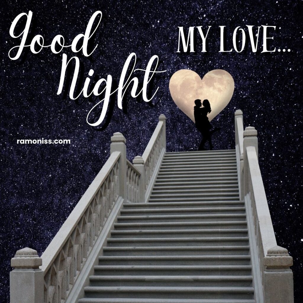 Ai generated loving couple of girl and boy standing on the stair front of white heart and lots of stars in the sky good night love kiss photo