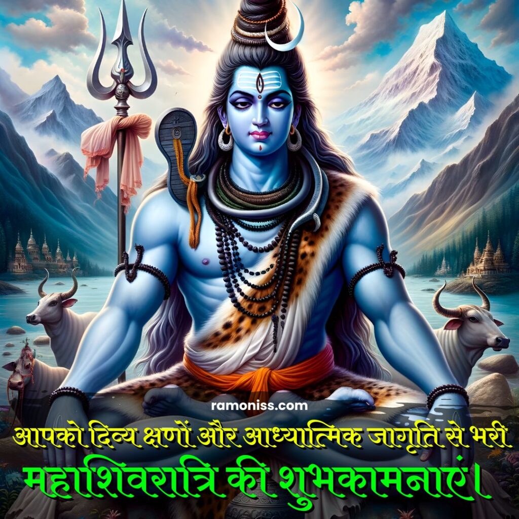 Ai image of lord shiva sitting in front with his rider nadia amidst mountains, maha shivratri wishes quotes and hardik shubhkamnaye in hindi image.