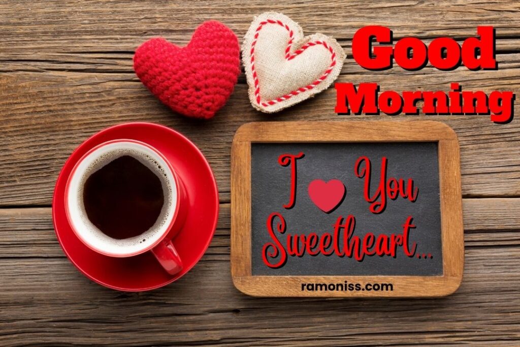 Cup of coffee heart-shaped gift and a blackboard are placed on the wooden surface good morning images love.