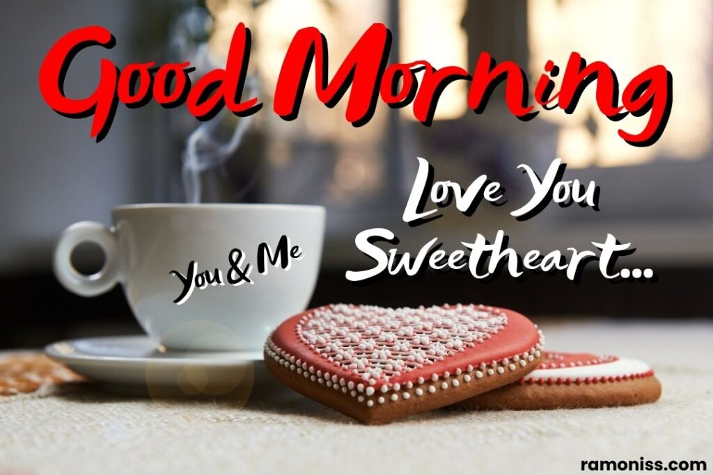Cup of coffee with heart-shaped cookies placed on the white mattress good morning images love.