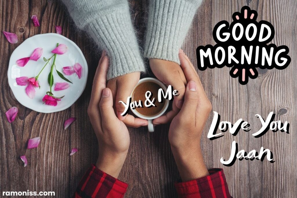 Girl and boy holding a cup of coffee on the wooden table with loving warmth in hand, good morning for my love image.