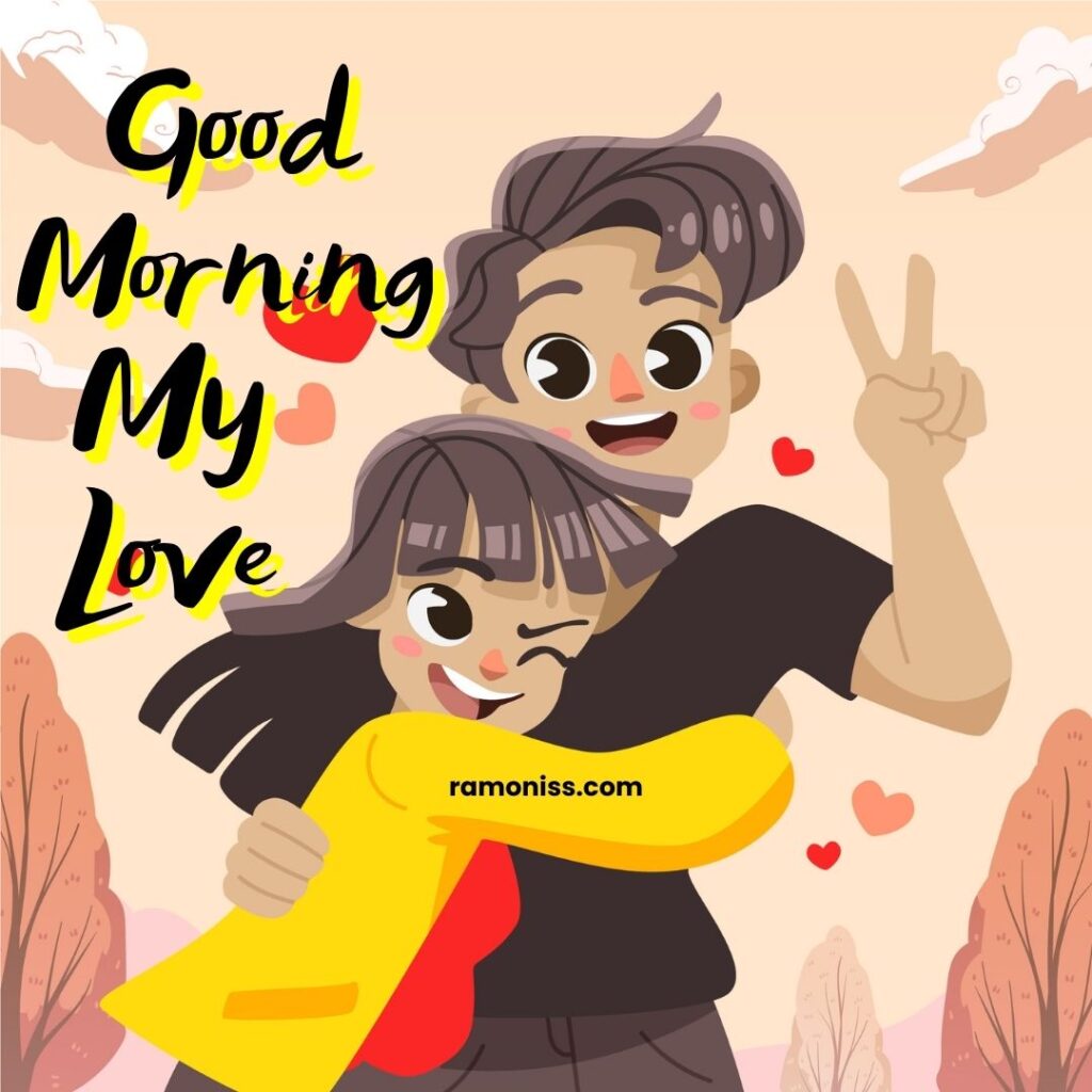 Hand-drawn good morning love image painting of a loving couple standing in front of beautiful hearts and trees designed background.