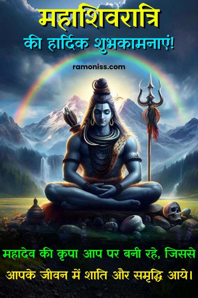 Lord shiva is sitting meditating on a stone amidst the blue sky and mountains, maha shivratri wishes quotes and hardik shubhkamnaye in hindi image.
