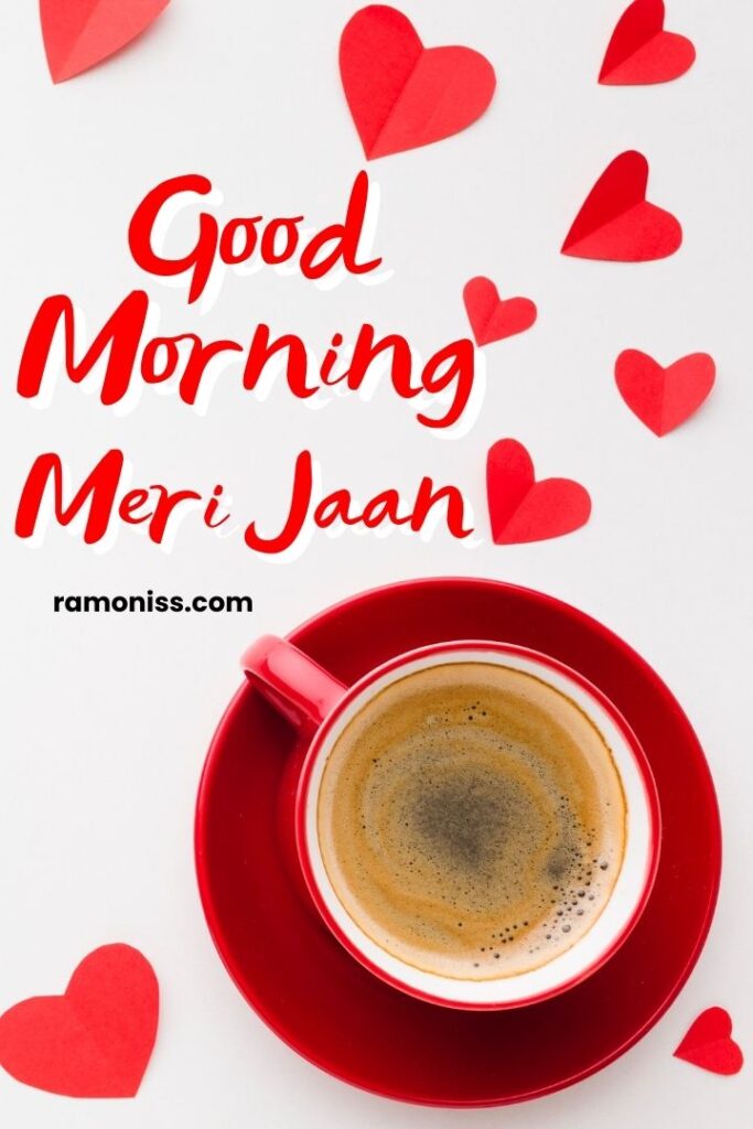 Many red heart shape papers and cup of coffee placed on the white surface good morning love images for my girlfriend.