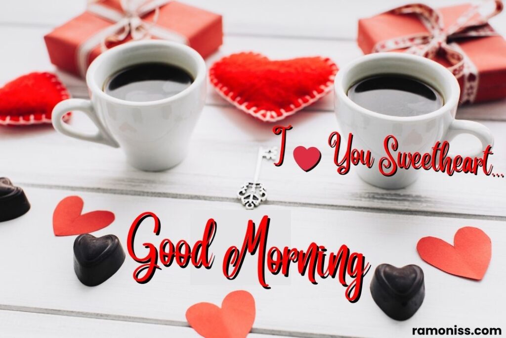 Two cups of coffee heart-shaped object key and two gifts are placed on the wooden surface good morning images love.